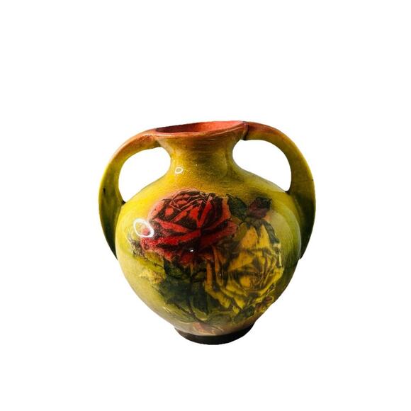 Vintage Art Nouveau Glazed Pottery Squat Floral Vase Loisa ‘62 Green Pink Rose - Picture 7 of 11